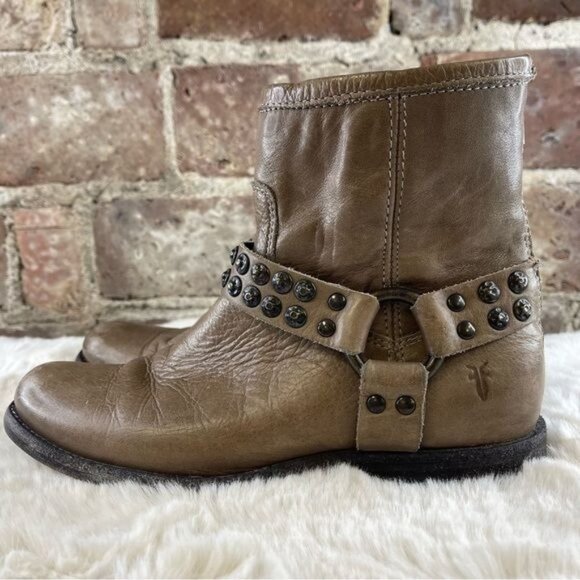 Frye Women's Phillip Brown / Taupe Leather Studded Harness Boots Sz 6 - Picture 6 of 10